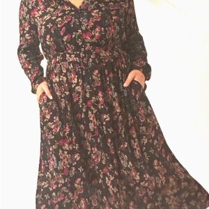 Chaps Floral Long Sleeve Dress - Black and Pink